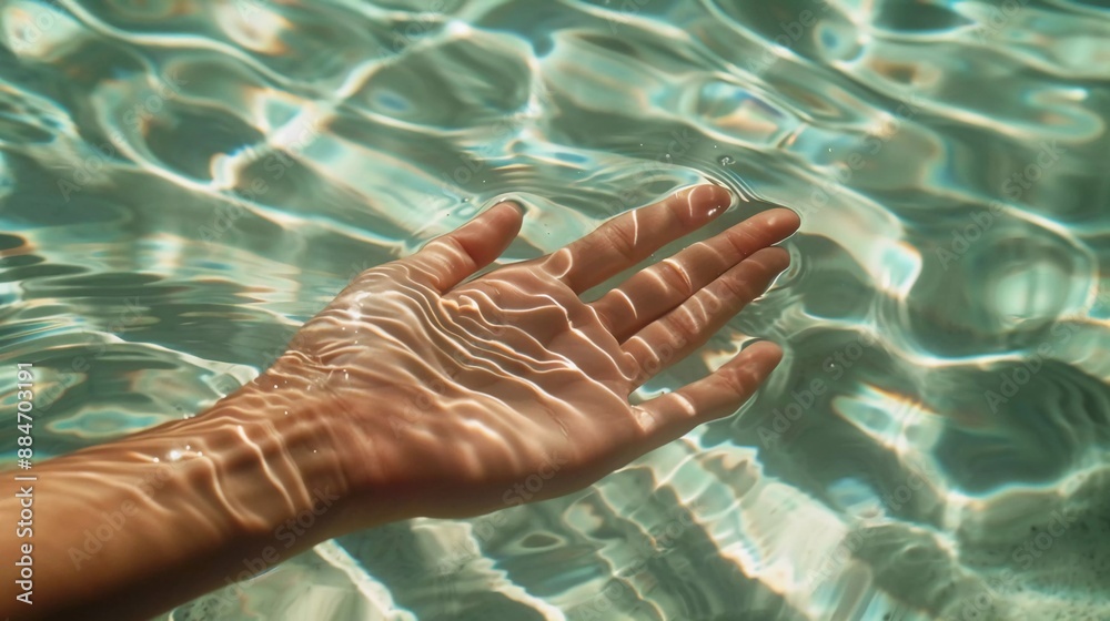 Hand in crystal clear water. Representing transformation, as the fluid ...