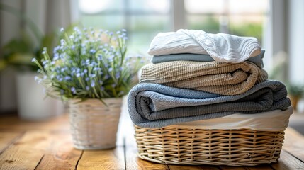 Wall Mural - Close-up of several clean clothes in a wicker basket in the residential laundry room. A wicker basket full of clean clothes in the comfort of home.