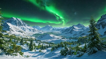 Canvas Print - Aurora Borealis Over Snowy Mountains.