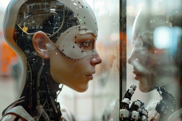Poster - Closeup of a female humanoid robot gazing at her reflection, concept of ai selfawareness