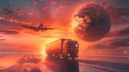 Wall Mural - A red truck is driving on a road with a large planet in the background