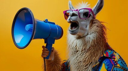 Wall Mural - Fashionable lama Wearing casual clothes and Sunglasses Holding Megaphone Against yellow Background	