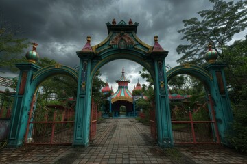 Moody image of a deserted amusement park gate under ominous skies