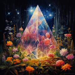 Wall Mural - A crystal pyramid with vibrant flowers growing around it, set against the backdrop of an enchanted forest under a starlit sky