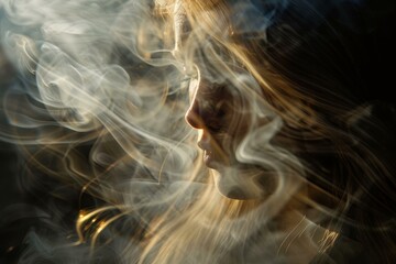 Sticker - Artistic closeup of a womans profile with smoke patterns creating a mystical atmosphere