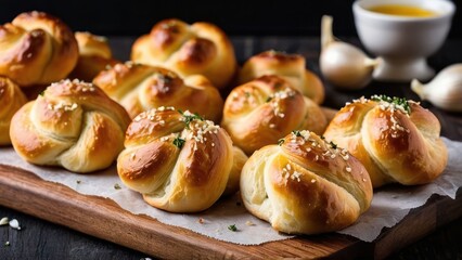 Poster - a close up of a wooden cutting board with a bunch of bread rolls