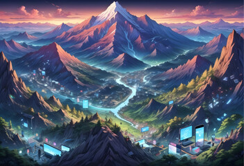 A fantasy scene with a large mountain range in the background. There are trees and a river in the valley below. There are also many different types of electronic devices scattered around the valley.