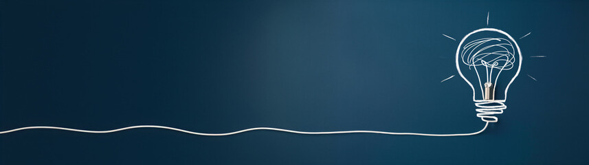 Poster - Hand-Drawn Light Bulb with Radiating Lines and Tangled Filament on Dark Blue Background Symbolizing Complex Creativity and Innovative Ideas