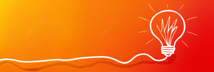 Poster - Dynamic Orange to Red Gradient Background with White Hand-Drawn Light Bulb Outline Symbolizing Bright and Creative Innovation