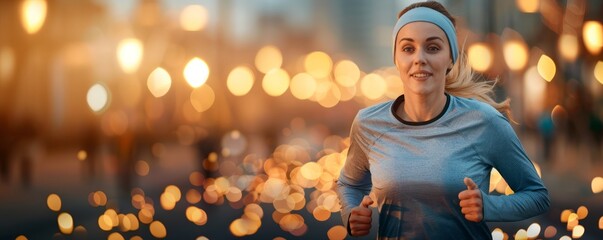 Woman running through a cityscape at night, taking on new challenges and leaving her comfort zone to explore unknown territories, with copy space for text