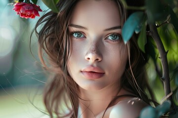 Wall Mural - Closeup of a captivating young woman's face peering through lush green foliage with a red flower