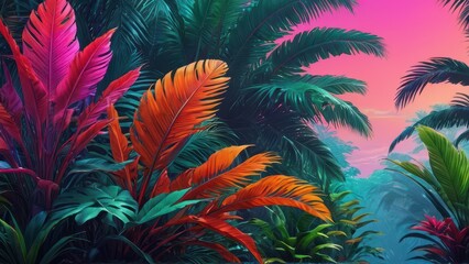 Wall Mural - Tropical Sunset with Palm Leaves.