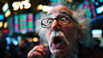 Wall Mural - A vibrant photographic portrait of an excited elderly man with wild white hair and glasses, wide-open mouth, in a busy stock exchange environment