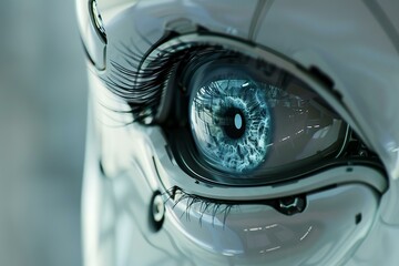 Poster - Closeup of a futuristic robotic eye with intricate design and highresolution detail, showcasing advanced artificial intelligence and cybernetic technology in a modern science fiction concept