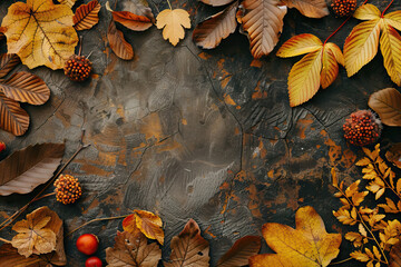 Sticker - Texture-rich backdrop filled with autumn leaves, pinecones, and small red berries, embodying the essence of fall