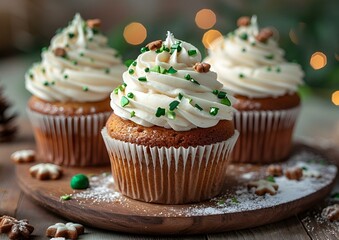 Wall Mural - Three cupcakes with frosting and nuts on a wooden plate.