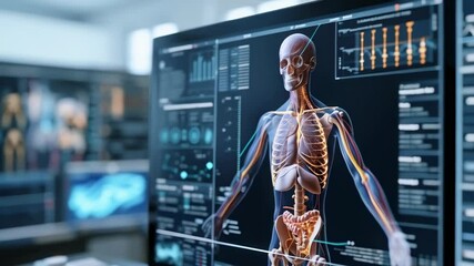 a high-resolution digital simulation of a human skeleton with internal organs displayed on a compute