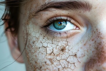 Canvas Print - Detailed view of a person's eye with cracked mud mask, symbolizing skincare and concept art