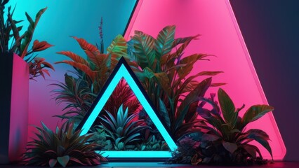 Sticker - Neon Triangle Background with Tropical Plants.