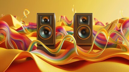 Vibrant Speakers with Colorful Sound Waves on Yellow Background - Modern Audio Technology Concept