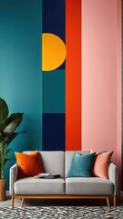 Wall Mural - a brightly colored living room with a couch and a plant