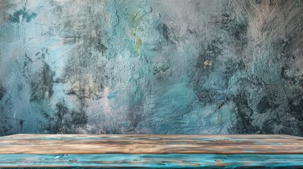 Poster - Empty wooden desk with blue dye top and cement wall background for product display with copy space