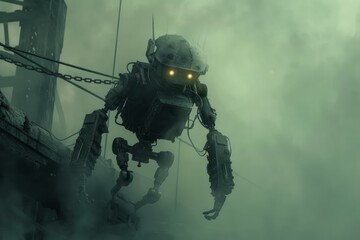 Poster - eerie image of a large robot with glowing eyes amidst dense fog