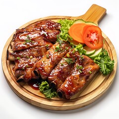 Board and plate of tasty Pork with Bamboo Shots with on white background.