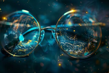 Poster - Closeup of eyeglasses with abstract digital world map on lenses