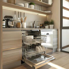 Compact Living: A Kitchenette Complete with Dishwasher and Silver Wiring Solutions