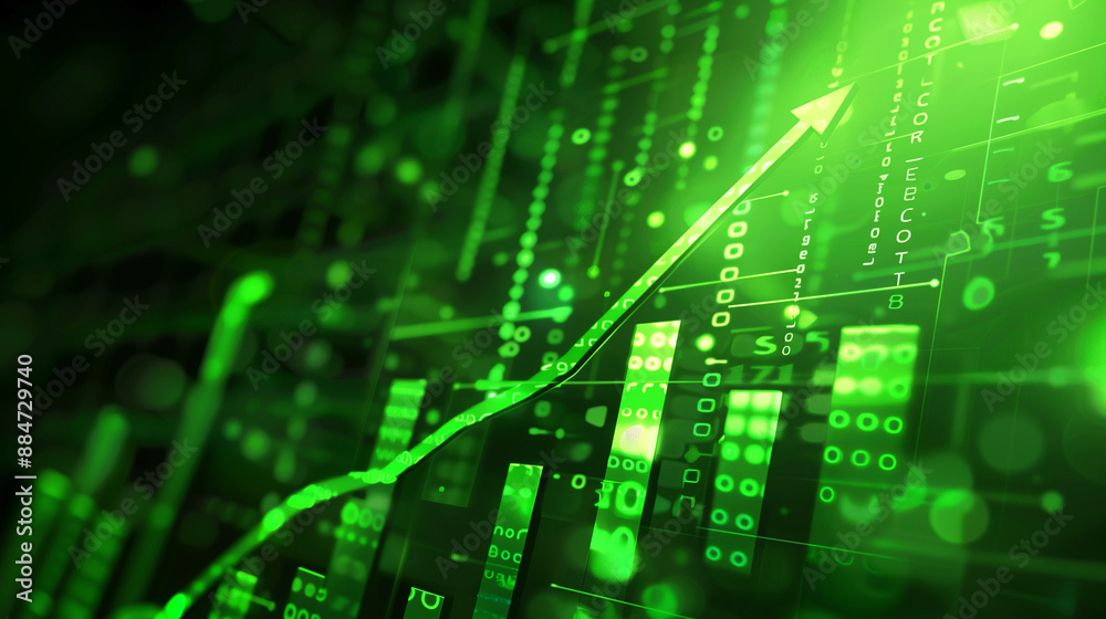 business finance chart . green arrow pointing up on digital green ...