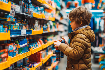 A young child in a blue jacket is looking at toys on a shelf in a store. The child is focused on a toy car in their hand. The shelves are filled with colorful toys.