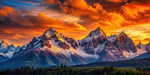 Canvas Print - Sunset casting warm colors over majestic mountain peaks, mountains, sunset, dusk, orange, peaceful, tranquil, scenic, landscape