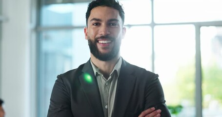 Canvas Print - Office, smile and face of businessman with arms crossed for corporate job, pride and ambition. Happy, male person and attorney at law firm for professional company, legal career and confidence