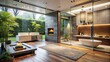 © kansak01 - Contemporary living room with sleek fireplace, lavish bathroom featuring modern sink, shower with water flow, and outdoor garden shower oasis.