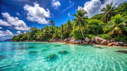 Poster - Crystal clear turquoise water with palm trees lining the shore in the Seychelles , Seychelles, tropical, paradise