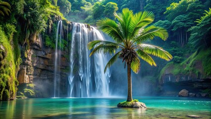 Wall Mural - Palm tree Licuala grandis with a stunning waterfall in the background, palm tree, Licuala grandis, waterfall, tropical, lush