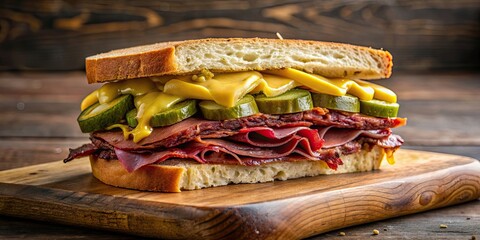 Poster - Delicious pastrami meat sandwich with melted cheese and pickles , sandwich, pastrami, meat, gourmand, recipe, gourmet, melted cheese