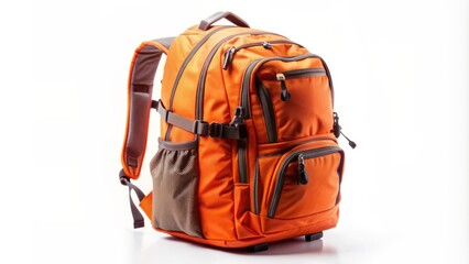 Isolated bright orange backpack with adjustable straps and multiple compartments lying on a clean white studio background surface alone.