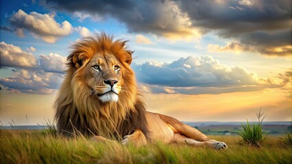 Wall Mural - majestic lion resting in savanna , wildlife, predator, feline, safari, king of the jungle, mane, pow
