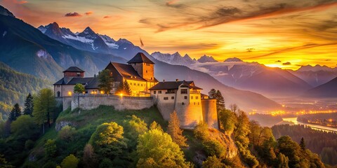 Sticker - Illuminated castle of Vaduz at sunset, Vaduz, Liechtenstein, castle, illuminated, sunset, dusk, architecture, landmark