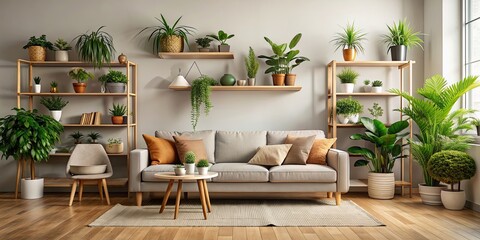 Sticker - Cozy living room interior with a sofa and multiple plant pots, living room, interior, sofa, plants, pots, cozy, home