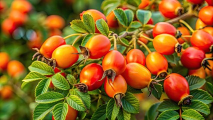 Canvas Print - Bush of dog-rose with vibrant orange berries , autumn, foliage, nature, wild, plant, colorful, seasonal, macro, close-up, garden