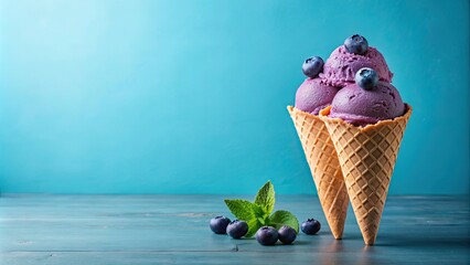 Poster - Two scoops of Blueberry ice cream on top ice cream cone on blue background isolated, Blueberry, ice cream, cone, dessert, sweet