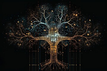 Wall Mural - Artificial Intelligence Brain Tree, Interconnectedness, Complexity, Synaptic Activity