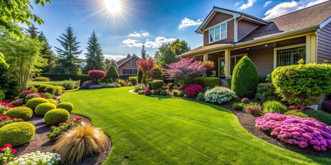 Poster - Perfectly manicured lawn and flowerbed with shrubs in sunshine, in a residential backyard setting, manicured, lawn