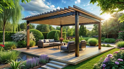 Wall Mural - Lush garden with a modern bioclimatic pergola , bioclimatic, pergola, garden, greenery, nature, outdoor, structure