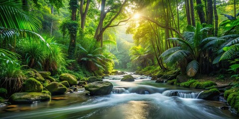 Sticker - Tropical stream flowing through a lush forest , tropical, stream, water, lush, forest, green, plants, nature, scenic, tranquil