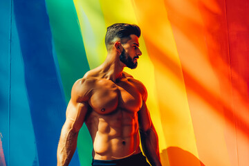 Young shirtless muscular man posing in front of rainbow background in gay concept shot