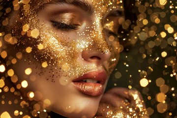 Poster - Luxurious closeup beauty portrait of a glamorous woman with golden glitter makeup, showcasing elegance and femininity